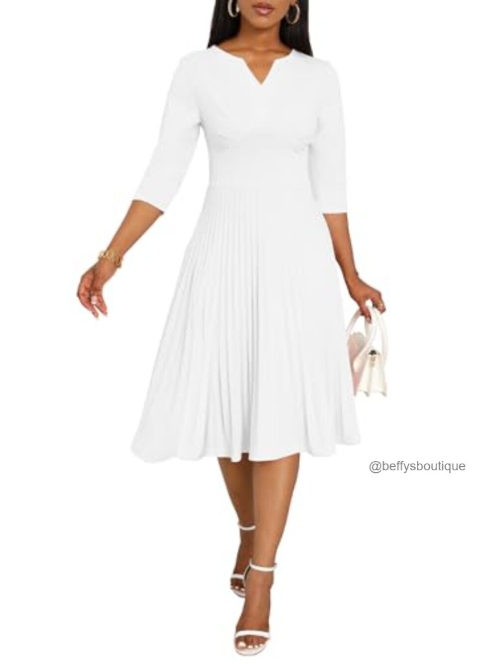 Midi Dress, 3/4 Sleeve A-Line Pleated V-Neck Cocktail Wedding Guest Dress - Picture 2 of 6